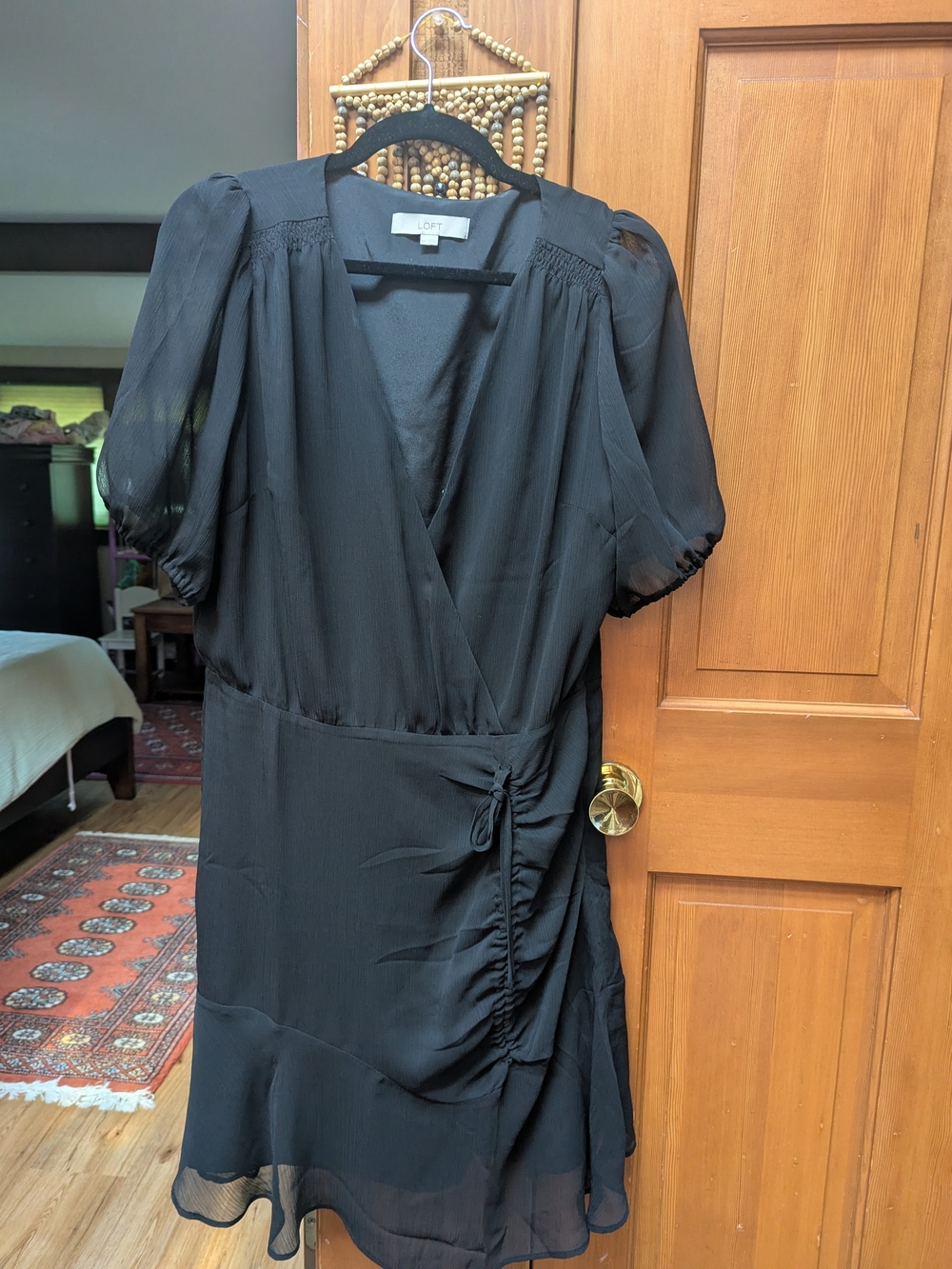 LOFT Black Puff-Sleeve Wrap Midi Dress